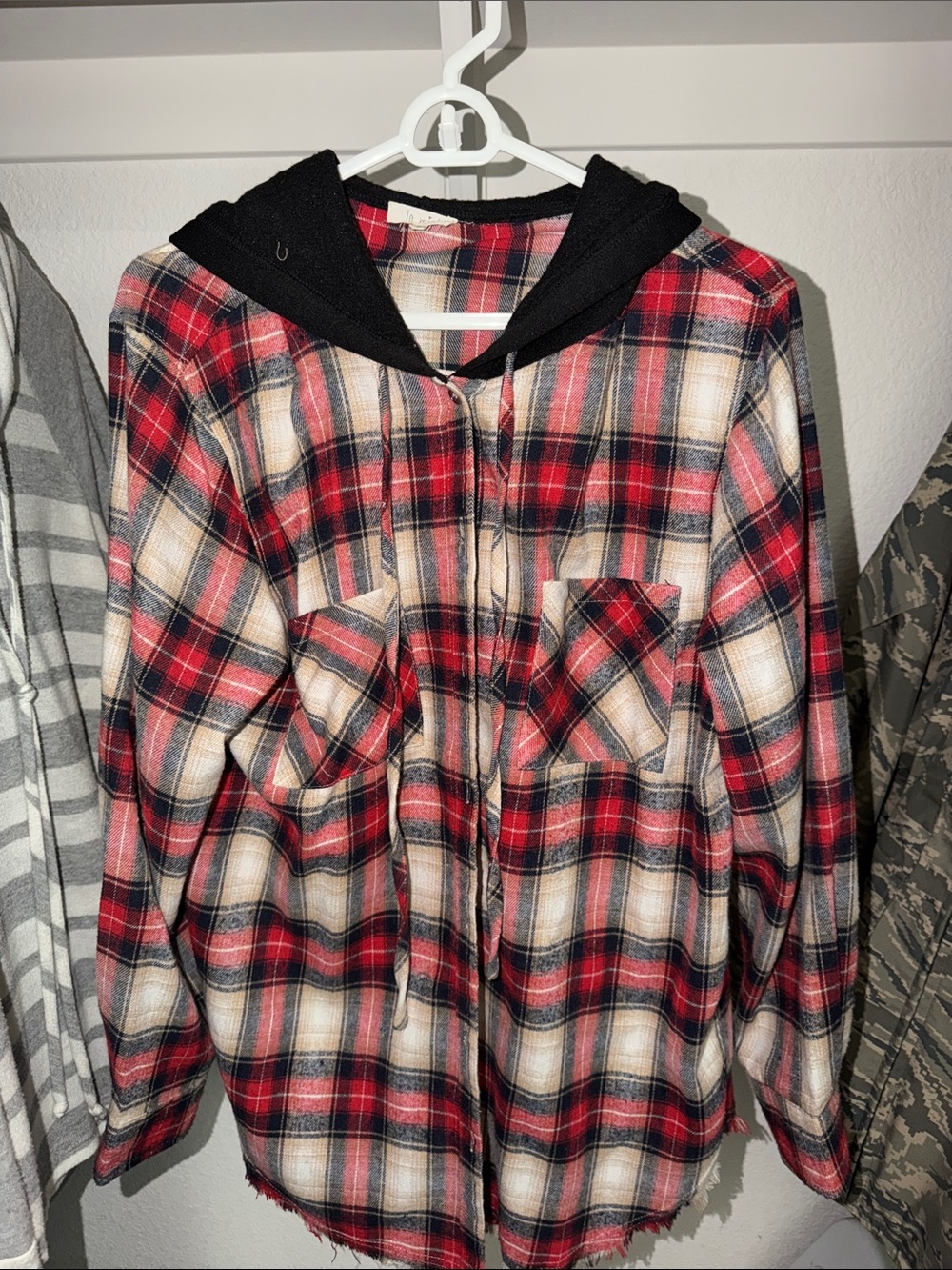 LA MIEL Red and Black Plaid Hooded Shirt Jacket